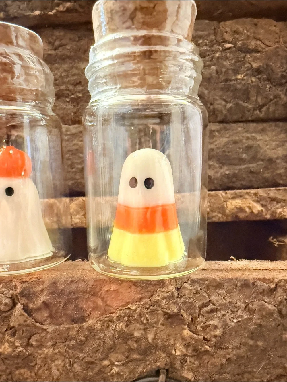 4 miniature glass ghosts in jar decoration devil , cat , pumpkin and candy corn